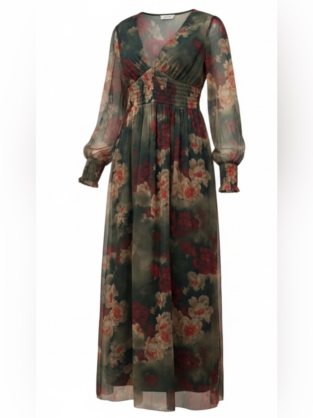 Floral Mesh Midi Dress Women’s Medium Green Red Long Sleeve Cottagecore Romantic